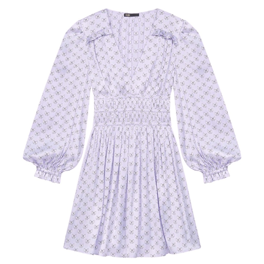 💜 🎀 NWT! Gorgeous Maje Satin Dress With Ruffles In Lavender SZ 36